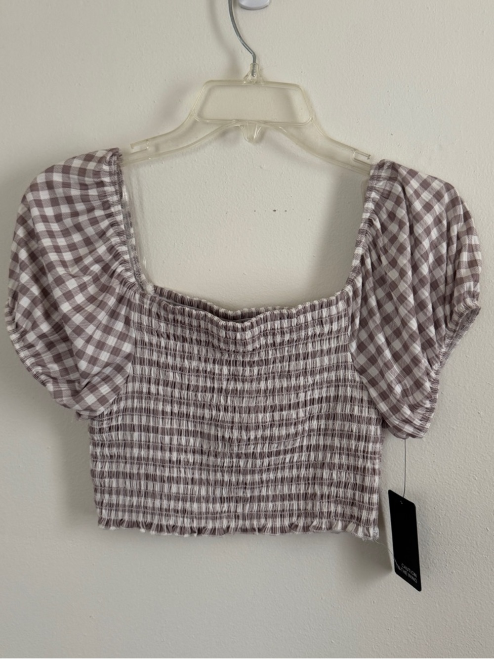 Caution To The Wind Smocked Gingham Puff Sleeve Crop Top - Cream & Brown